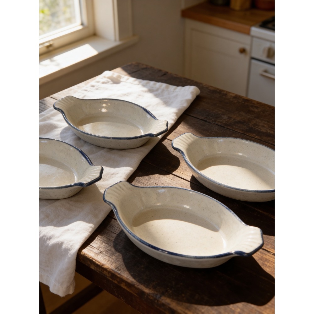 Vintage Fish Shaped Stoneware Au Gratin Dishes Blue Rim Speckled Cream Set of 4